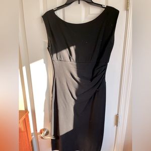 Black DVF sheath dress with batey neckline and ruched waist